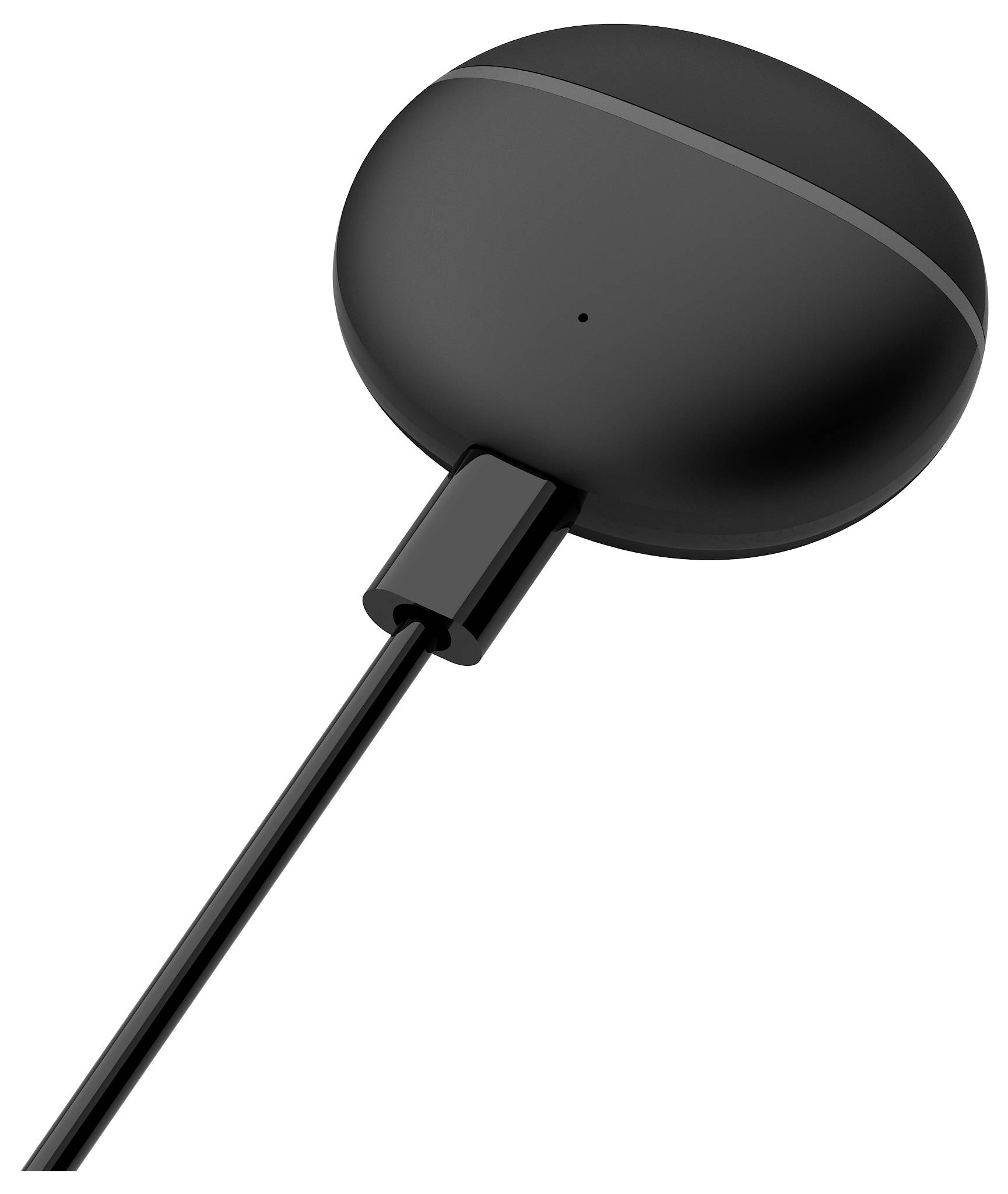 Schwarzes, rundes Ladegerät mit Kabel, geeignet für kabelloses Aufladen von Geräten.