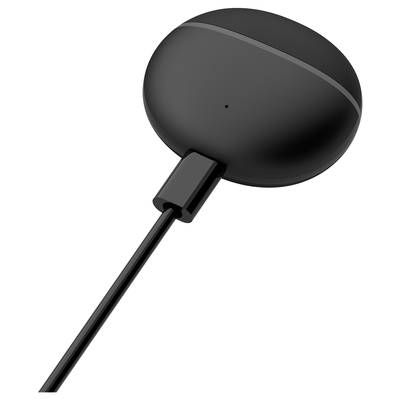 Schwarzes, rundes Ladegerät mit Kabel, geeignet für kabelloses Aufladen von Geräten.