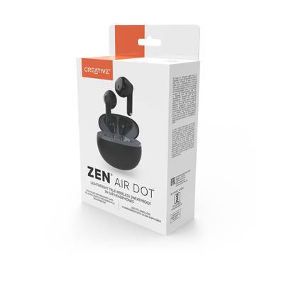 Verpackung einer kabellosen Ohrhörer-Marke mit Aufschrift 'Zen Air Dot', zeigt das Produktbild und betont kabelloses, schweißfestes Design.