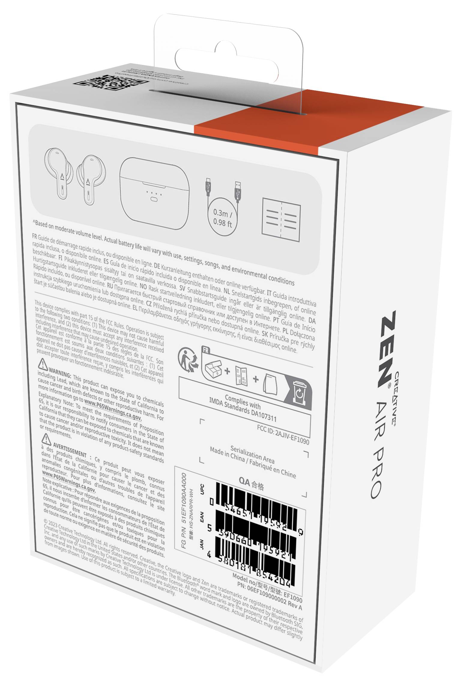 Rückseite einer Verpackung von kabellosen Ohrhörern 'ZEN Air Pro' mit Spezifikationen, Barcode und Herstellerinformationen.