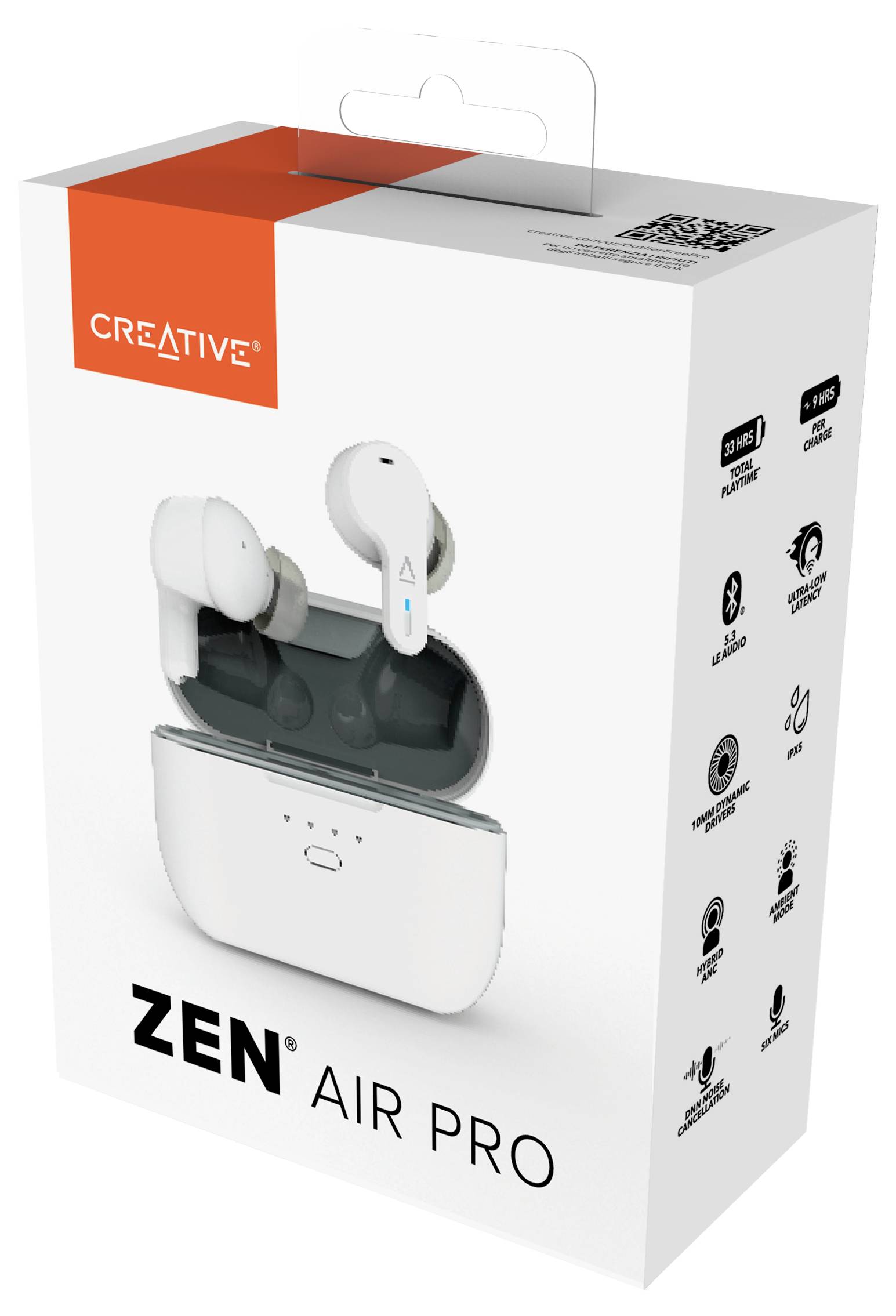 Verpackung der 'ZEN AIR PRO'-Kopfhörer zeigt das Produkt mit kabellosem Ladecase, hervorgehobene Funktionen: Rauschunterdrückung, lange Akkulaufzeit.