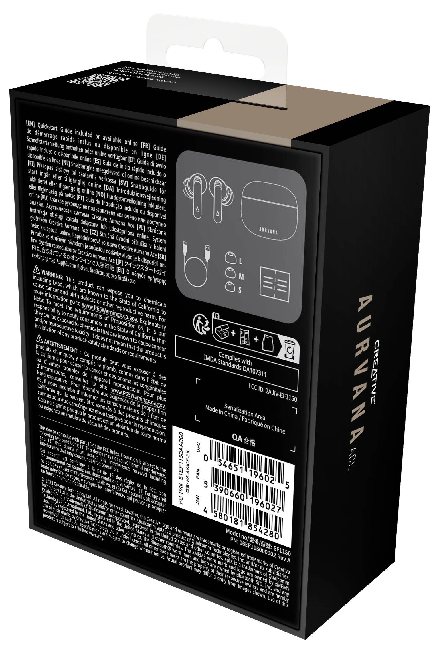 Verpackung eines Audiogeräts mit Abbildungen des Inhalts: Ohrhörer, Ladekabel, Ladeetui. Enthält technische Informationen und Barcode.