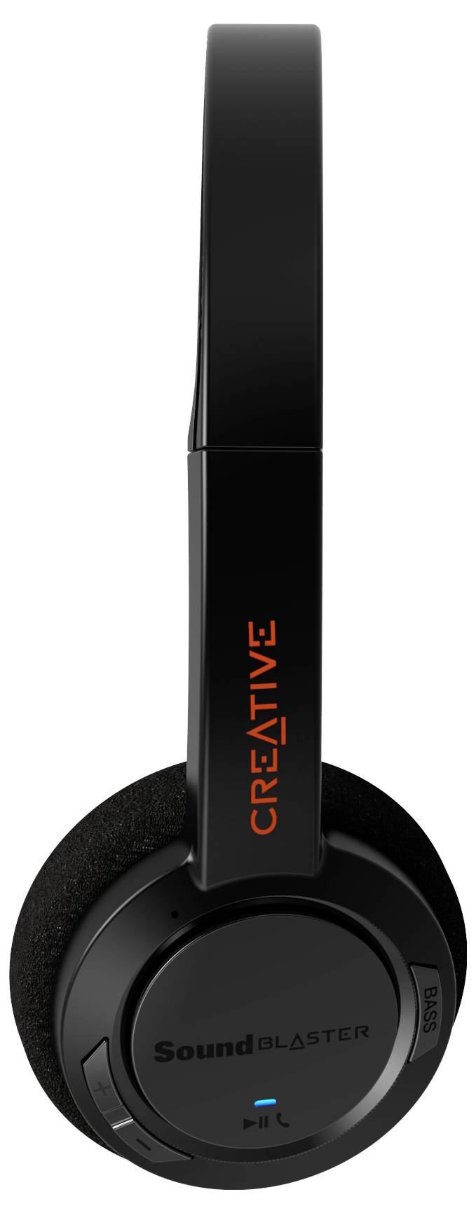 Schwarzer On-Ear-Kopfhörer mit der Aufschrift 'CREATIVE' in orange auf dem Bügel. Markenzeichen 'SoundBlaster'.