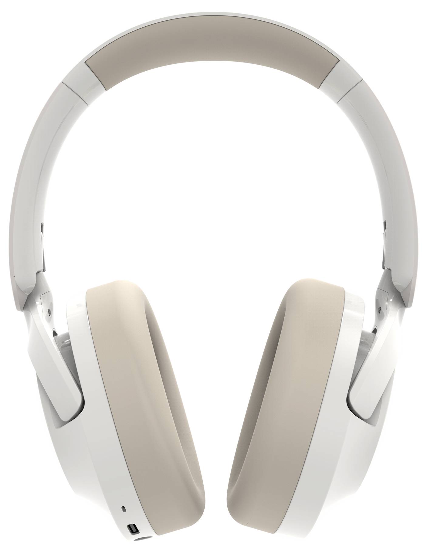 Kabellose Over-Ear-Kopfhörer in Weiß und Beige, frontalansicht.