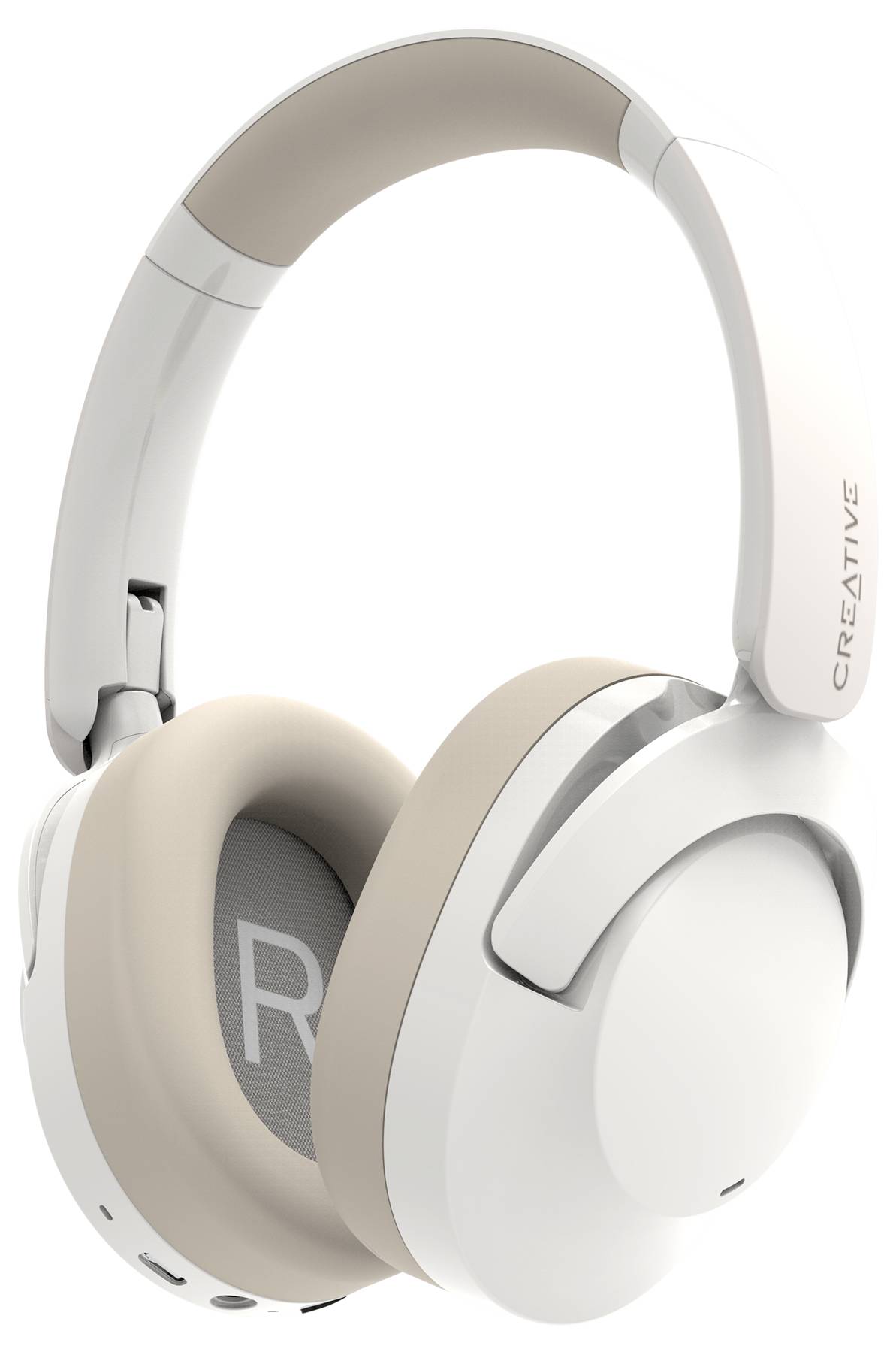 Weiße und beige kabellose Kopfhörer mit gepolsterten Ohrmuscheln und einem schlanken Design. Ideal für hochwertigen Musikgenuss.