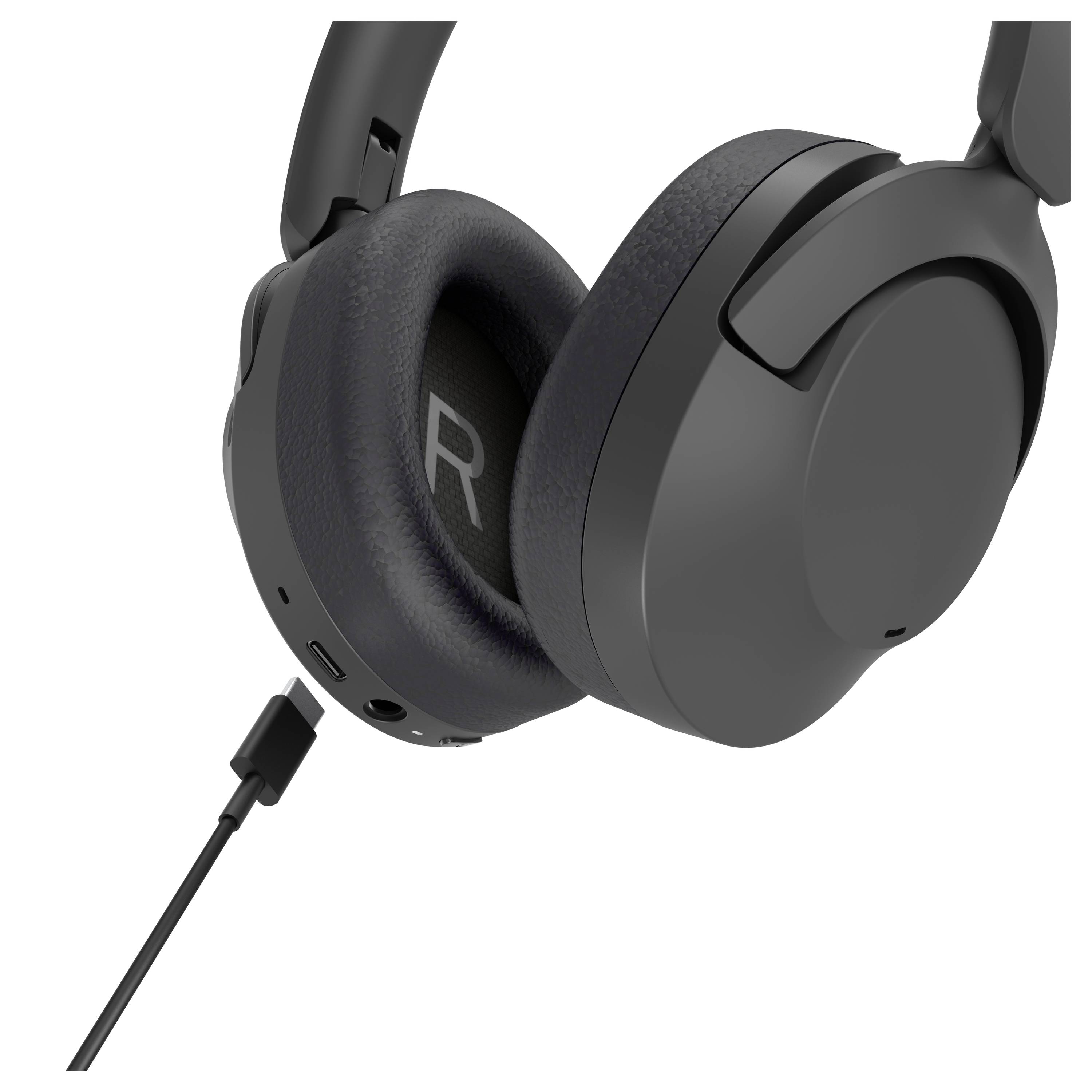 Schwarze Over-Ear-Kopfhörer mit Kabel, linke Ohrmuschel zeigt ein 'R' für rechts an. Geeignet für Audioanwendungen.