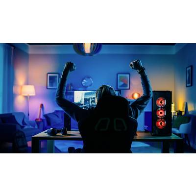 Eine Person sitzt an einem Schreibtisch und hebt jubelnd die Arme vor einem Bildschirm mit einem Videospiel. Der Raum ist bunt beleuchtet.