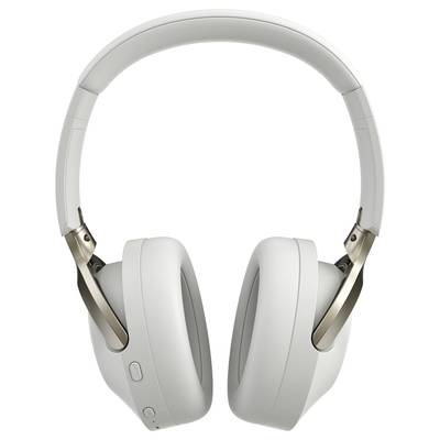 Weiße Over-Ear-Kopfhörer mit geschlossenen Ohrmuscheln und gepolstertem Kopfband, Ansicht von vorne.