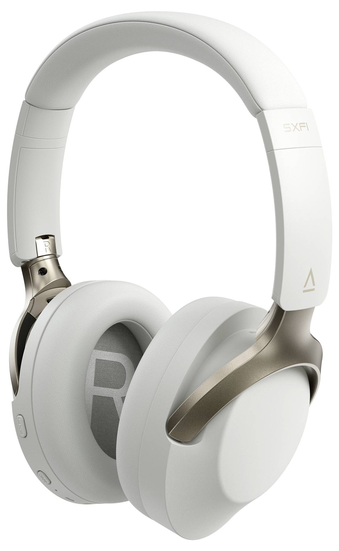 Weiße Over-Ear-Kopfhörer mit goldenen Akzenten, Markenname 'SXFI' am Bügel.