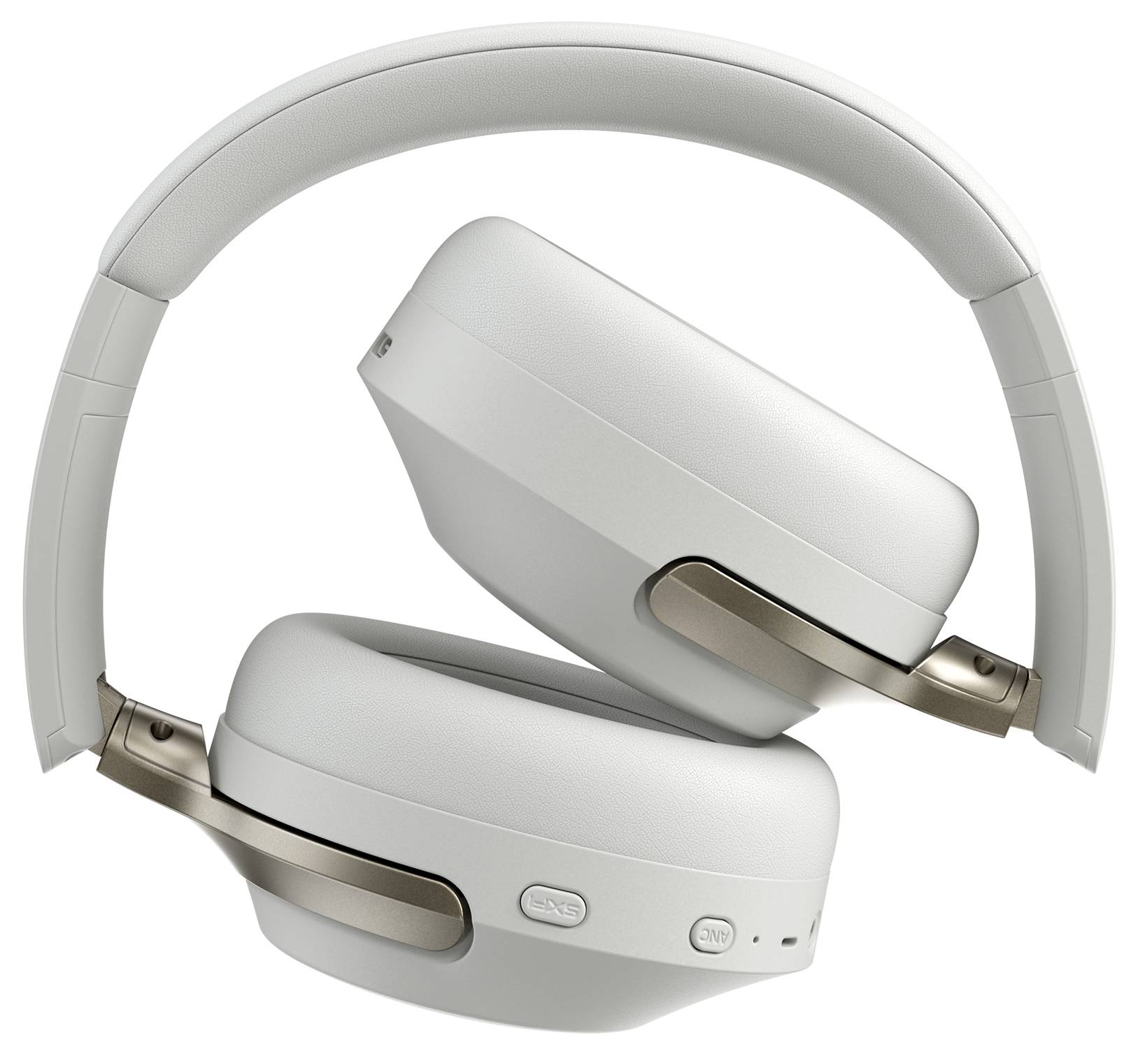 Weiße, drahtlose Kopfhörer mit goldenen Akzenten, zusammengeklappt.