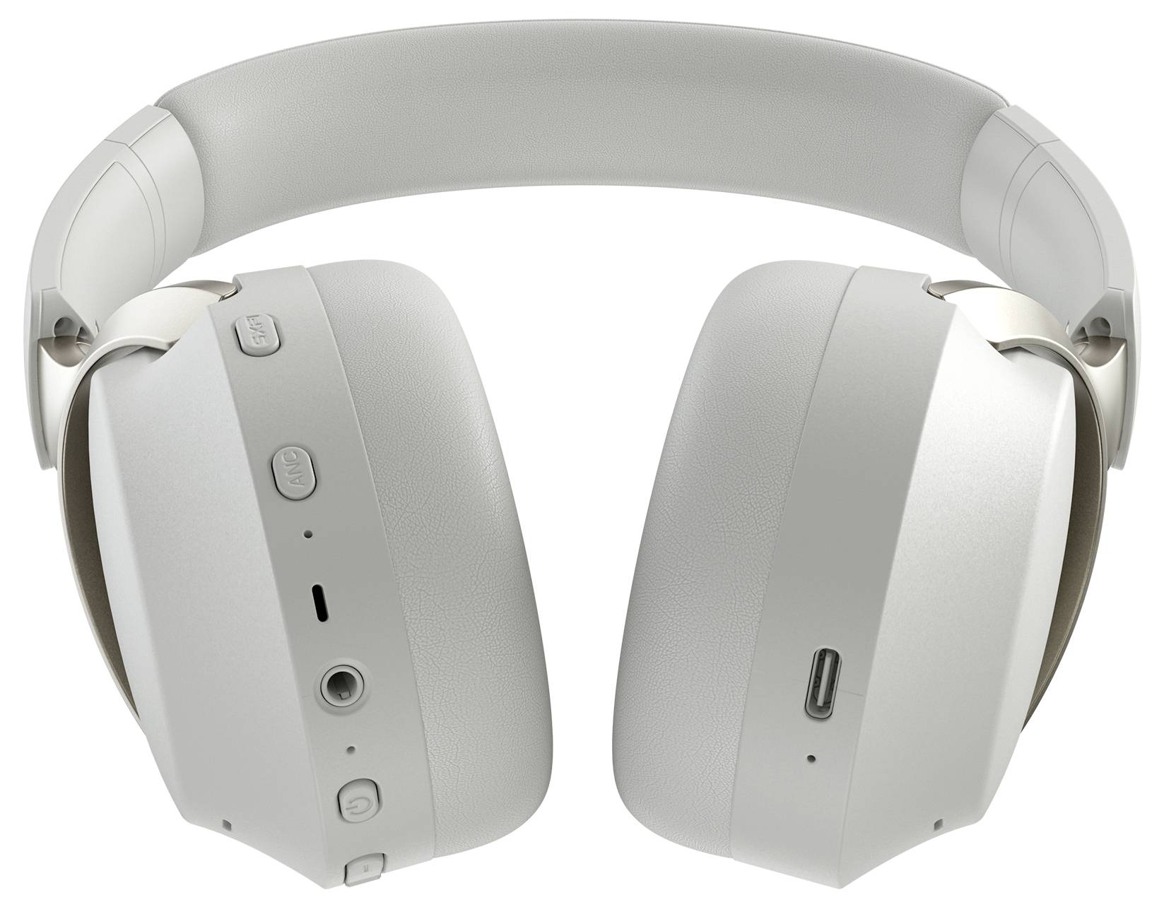 Weiße kabellose Over-Ear-Kopfhörer, Ansicht von hinten, mit sichtbaren Bedientasten und Anschlussbuchsen.