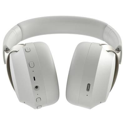 Weiße kabellose Over-Ear-Kopfhörer, Ansicht von hinten, mit sichtbaren Bedientasten und Anschlussbuchsen.