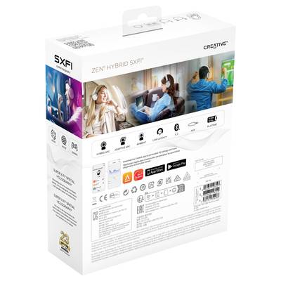 Die Verpackung eines Creative SXFI Kopfhörers zeigt Personen, die Musik hören, spielen und Filme ansehen. Hauptfunktionen sind hervorgehoben.