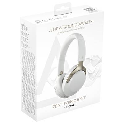 Die Verpackung eines Kopfhörers mit der Aufschrift 'A New Sound Awaits' und 'Zen Hybrid SXFI' zeigt ein modernes, weiß-goldenes Design.