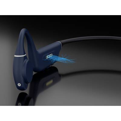 Ein blaues kabelloses Headset mit einem flexiblen Bügel zeigt Schallemissionen, konzentriert auf den Bereich des Knochenschalls.
