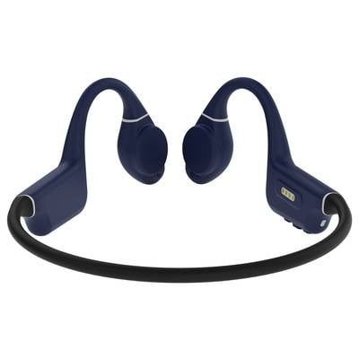 Ein kabelloser, dunkelblauer Knochenleitungs-Kopfhörer mit geschwungenem Design und offenem Nackenbügel.