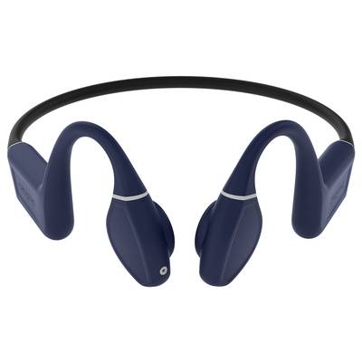 Blaue, drahtlose Kopfhörer mit Nackenbügel, für sportliche Aktivitäten geeignet. Leichtes und ergonomisches Design.