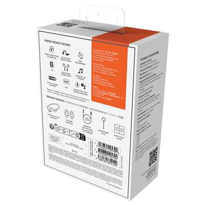 Verpackung einer kabellosen Ohrhörer mit technische Spezifikationen und Produktinformationen, einschließlich Bluetooth, Mikrofon und Akkuleistung.
