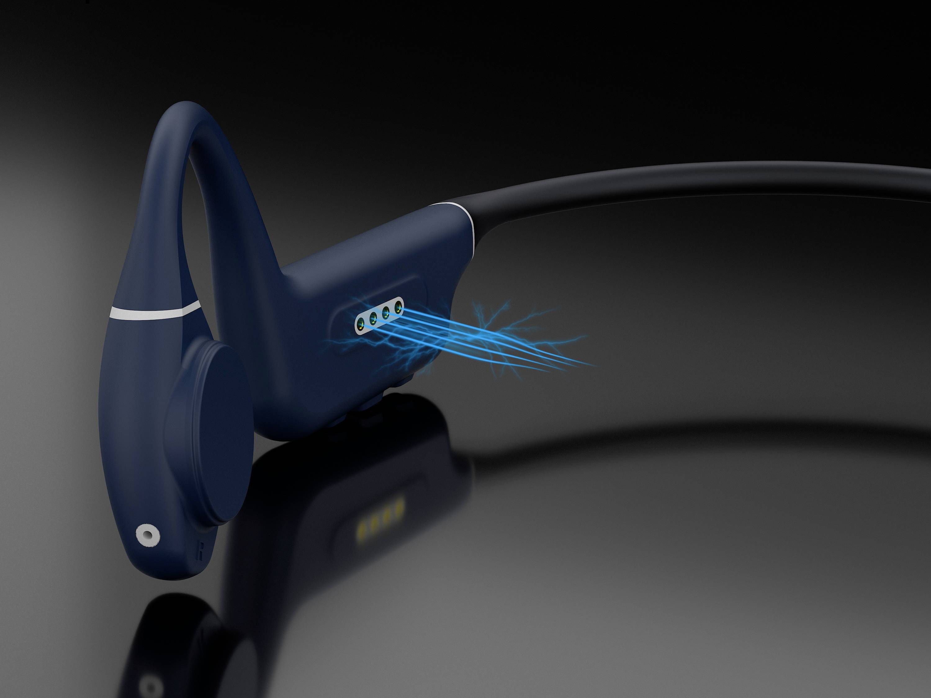 Kabelloses, blaues, hinter-dem-Ohr-Headset mit integriertem Lautsprecher, zeigt Tonwellen-Design. Schwarz-grauer Hintergrund.