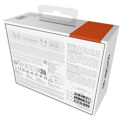 Verpackung eines elektronischen Geräts: Aufdruck mit Gebrauchsanweisung, Symbolen für Sicherheitsstandards und Barcode auf der Rückseite.