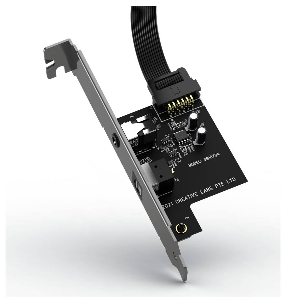 Erweiterungskarte mit Beschriftung 'MODEL SBX70A' von Creative Labs, zeigt Anschlüsse und Elektronikbauteile, schwarze Farbgebung.