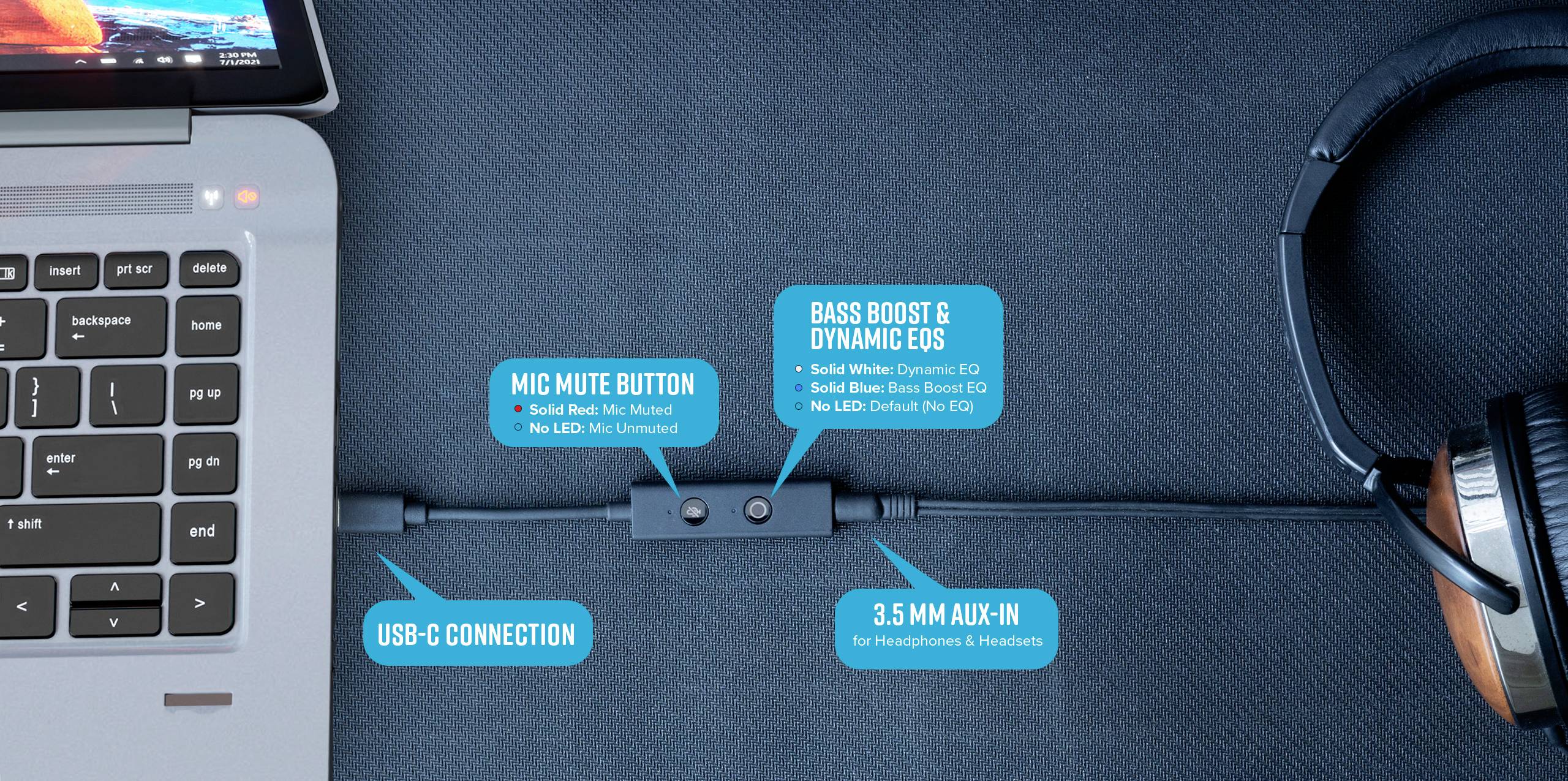 Laptop links neben einem Audiokabel, das zu Kopfhörern führt. Beschriftungen zeigen Mikrofon-Stummschalter, Bass-Boost und AUX-Anschluss.