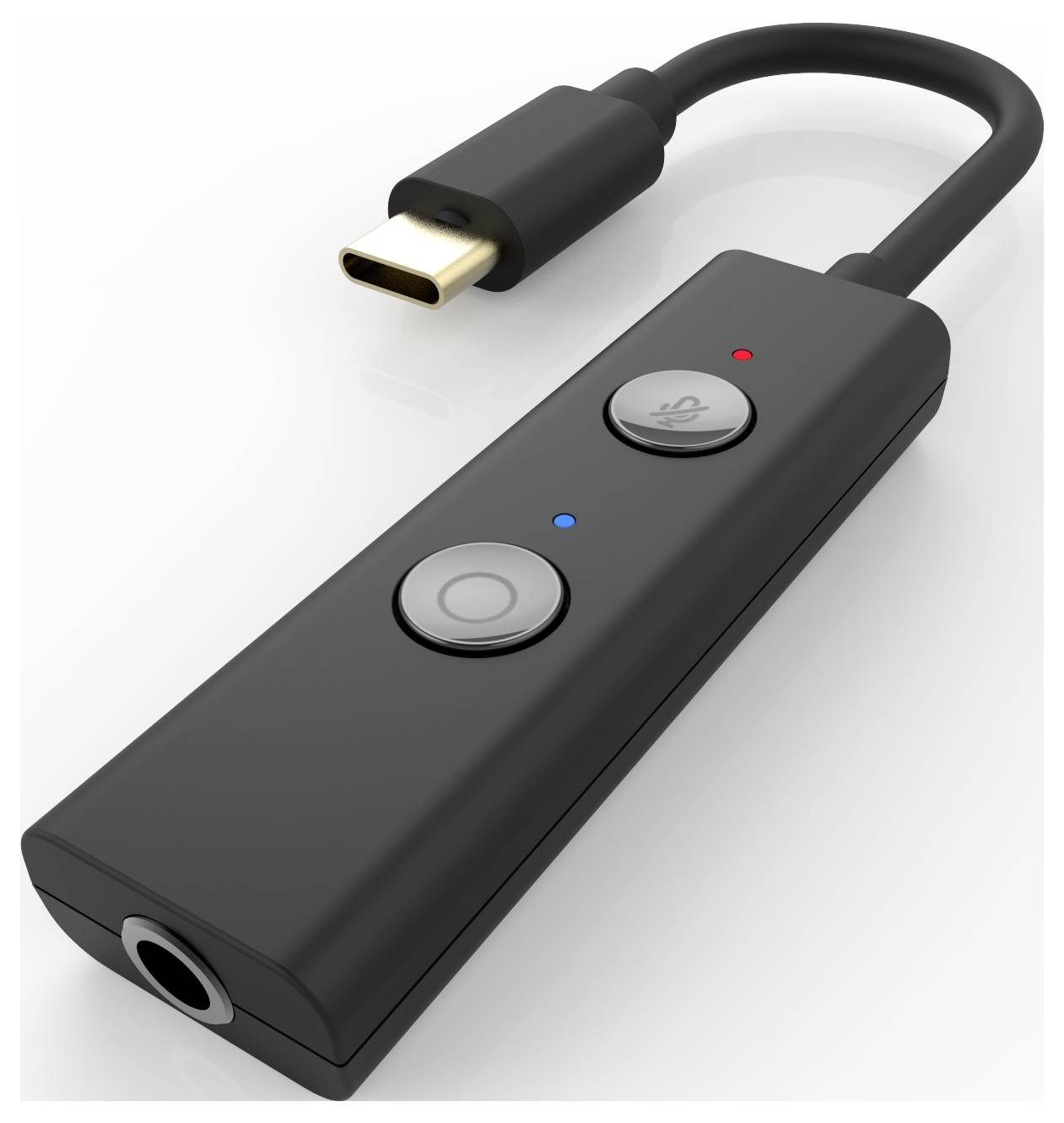 USB-C-Adapter mit Audioanschluss und zwei Tasten, einer mit blauem und einer mit rotem LED-Indikator. Gerät dient zur Audioverbindung.