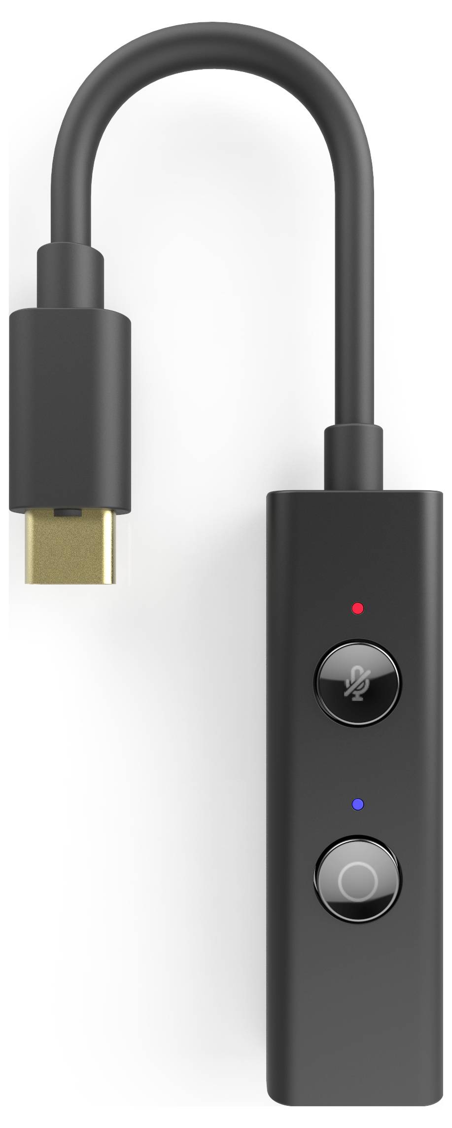 USB-Kabel mit integriertem Schaltdisplay, zwei Knöpfen und USB-Stecker. Oberer Knopf für Stummschaltung, unterer für Anrufe.