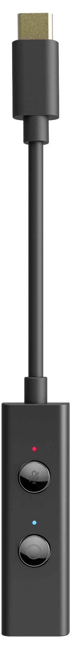 Schwarzer Audio-Adapter mit zwei runden Tasten. Über der ersten ist ein roter Punkt, über der zweiten ein blauer Punkt.