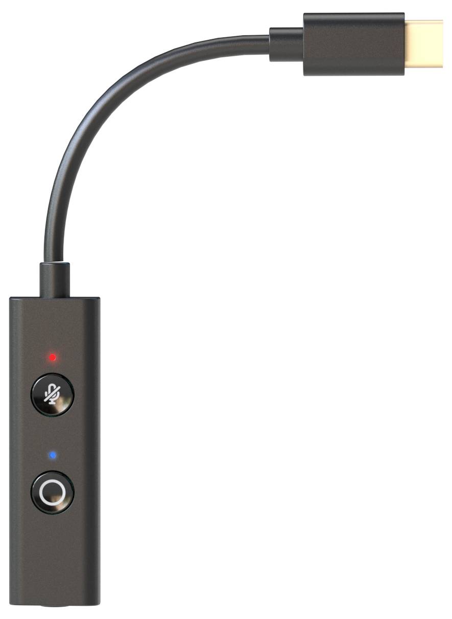 Adapterkabel mit USB-C-Anschluss und Lautstärkeregler. Enthält Stummschaltungstaste, LED-Anzeigen und Kopfhöreranschluss.