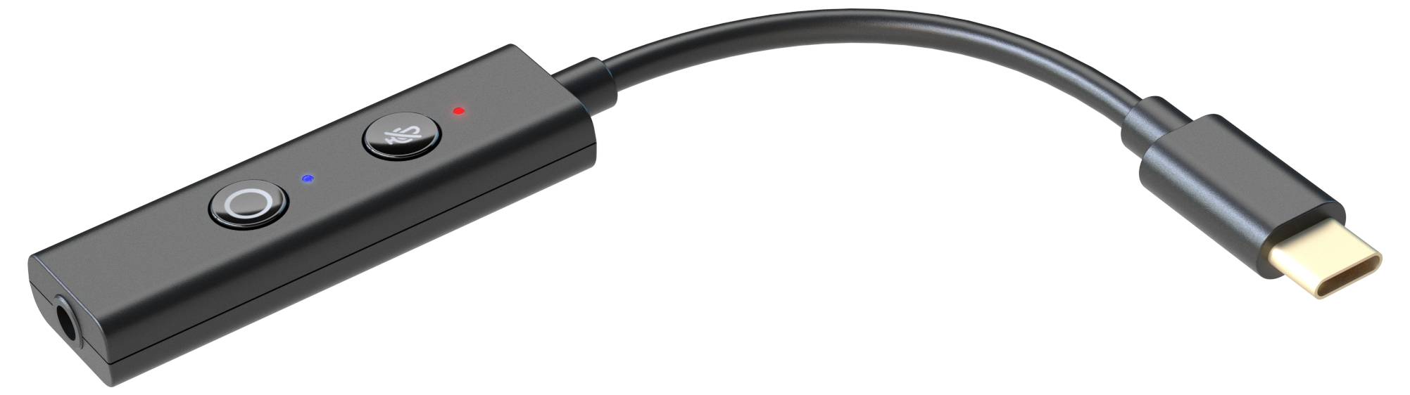 Ein schwarzer USB-C-Adapter mit Kabel, zwei Tasten und einer 3,5-mm-Kopfhörerbuchse.