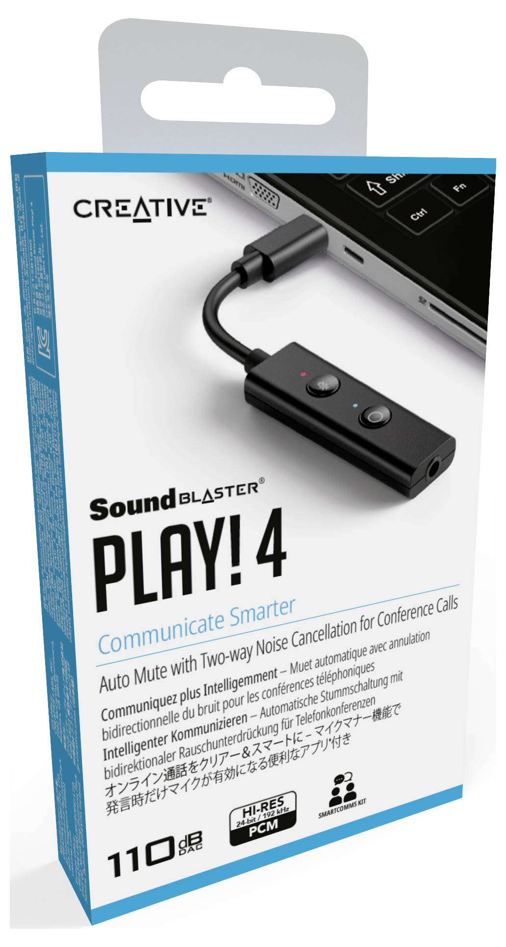Verpackung einer SoundBlaster PLAY! 4, zeigt USB-Audioadapter mit Stummschaltung und Geräuschunterdrückung, geeignet für Anrufe.