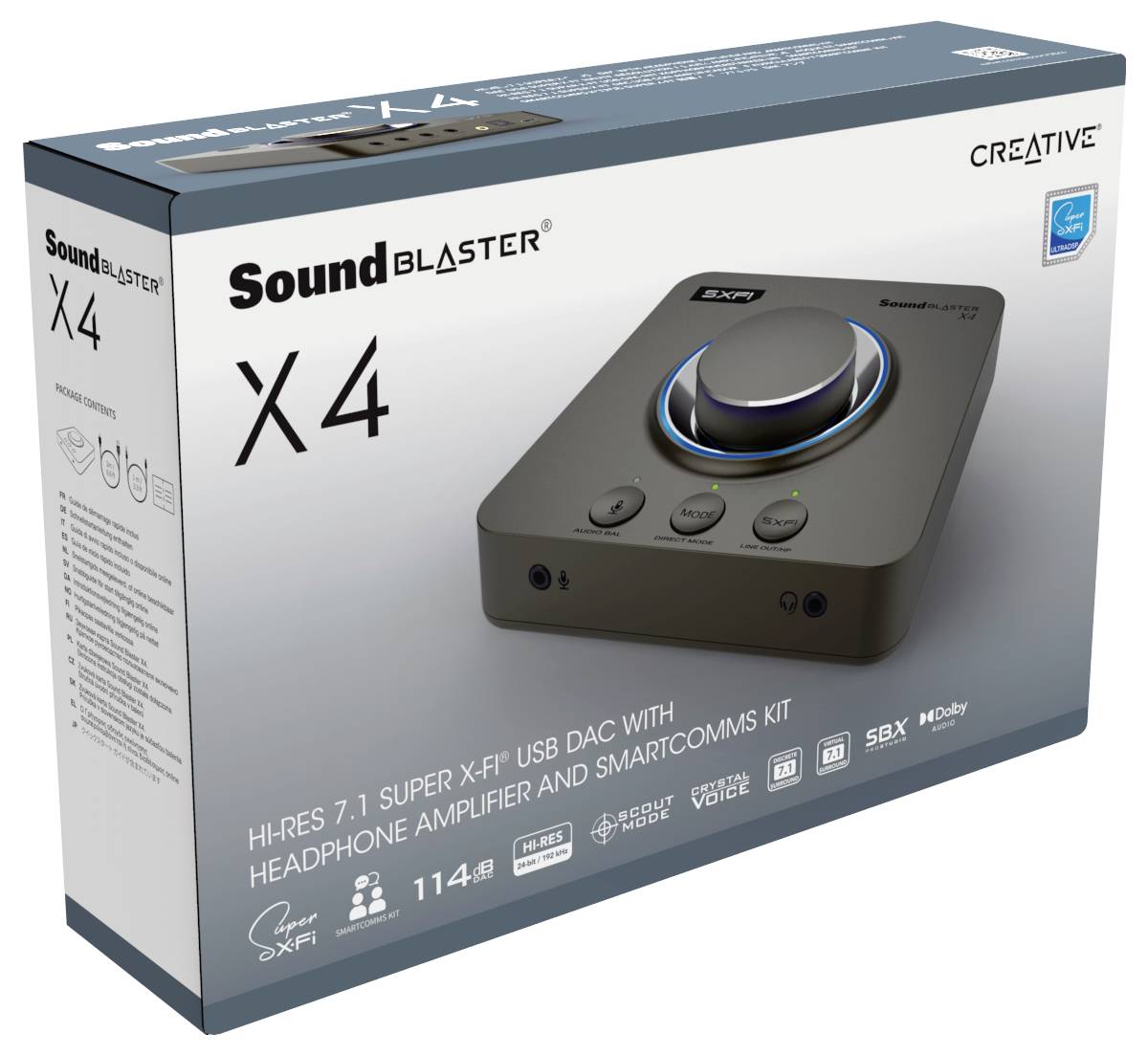 Eine Verpackung der 'Sound Blaster X4', einem Hi-Res 7.1 Super X-Fi USB DAC mit Kopfhörerverstärker und SmartComms Kit von Creative.
