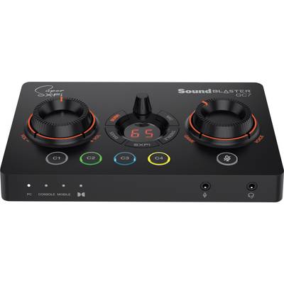 Ein schwarzer Audio-Controller mit Drehknöpfen und Tasten zur Soundsteuerung. Anzeige '65' in der Mitte. Verbindungsoptionen unten.