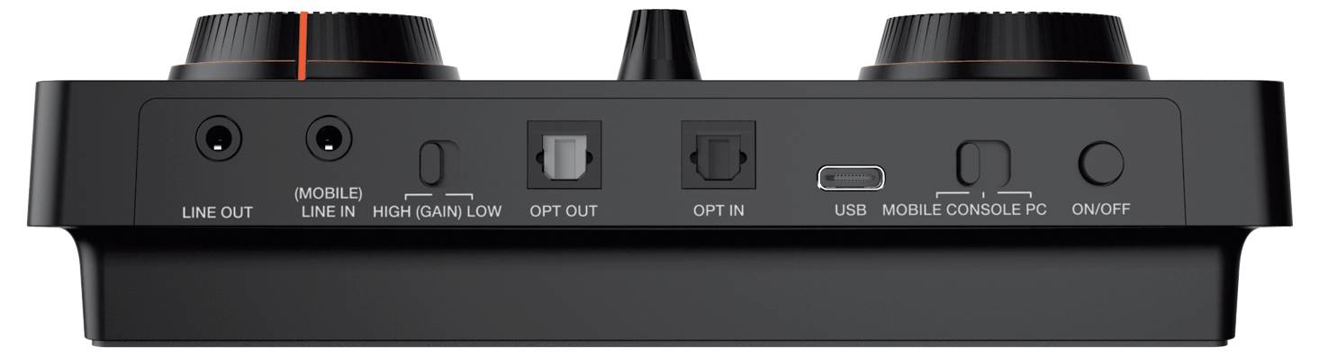 Rückansicht eines Audiomixers mit Anschlüssen für Line Out, Mobile In, Optische Ein- und Ausgänge, USB und Ein/Aus-Schalter.