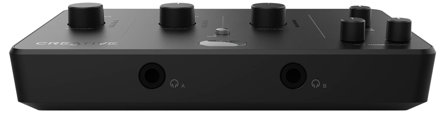 Ein schwarzes Audio-Interface mit mehreren Reglern und Anschlüssen auf der Vorderseite, geeignet für Musiker oder Tontechniker.