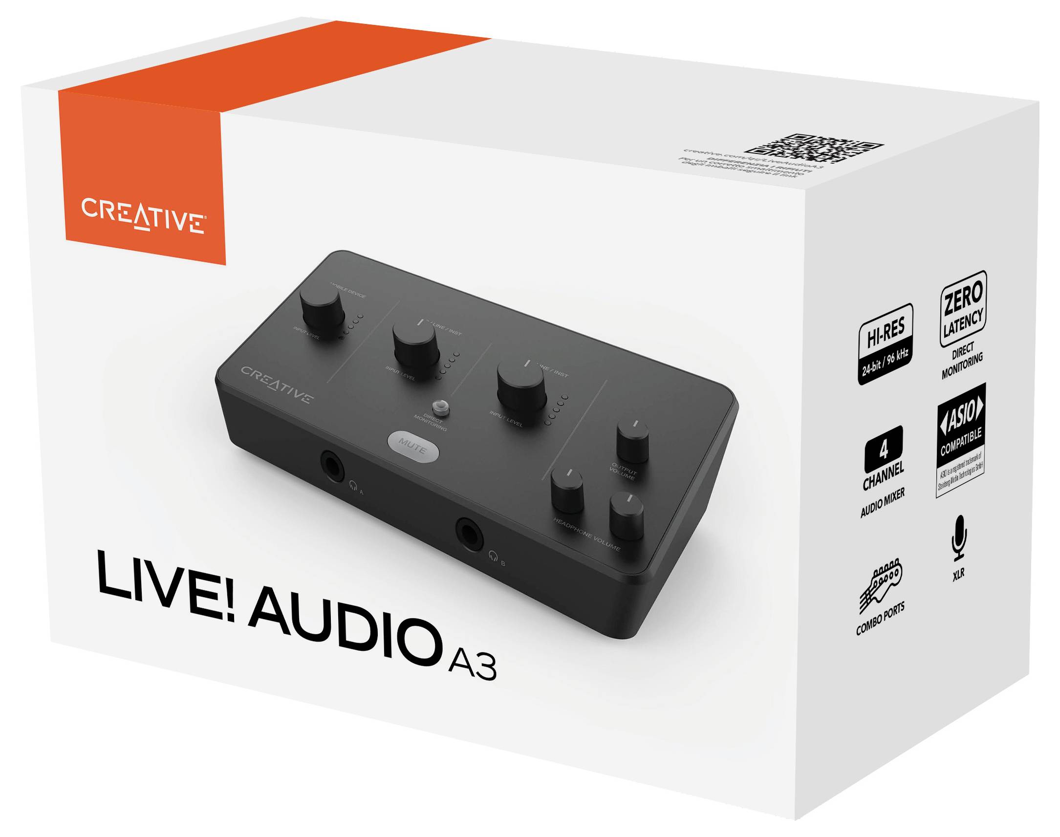 Eine Verpackung mit der Aufschrift 'Creative Live! Audio A3', zeigt ein schwarzes Audio-Interface mit mehreren Reglern.