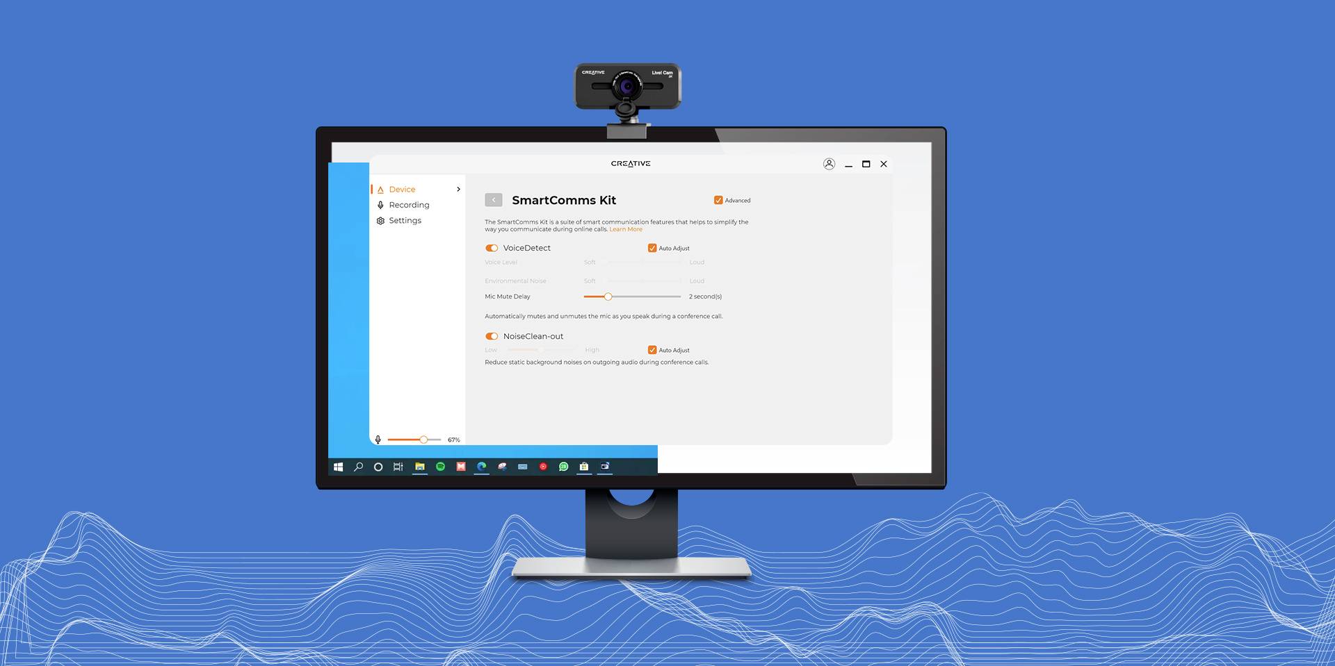 Ein Computerbildschirm zeigt eine Benutzeroberfläche mit der Überschrift 'SmartComms Kit' und Einstellungen zur Geräuschunterdrückung.