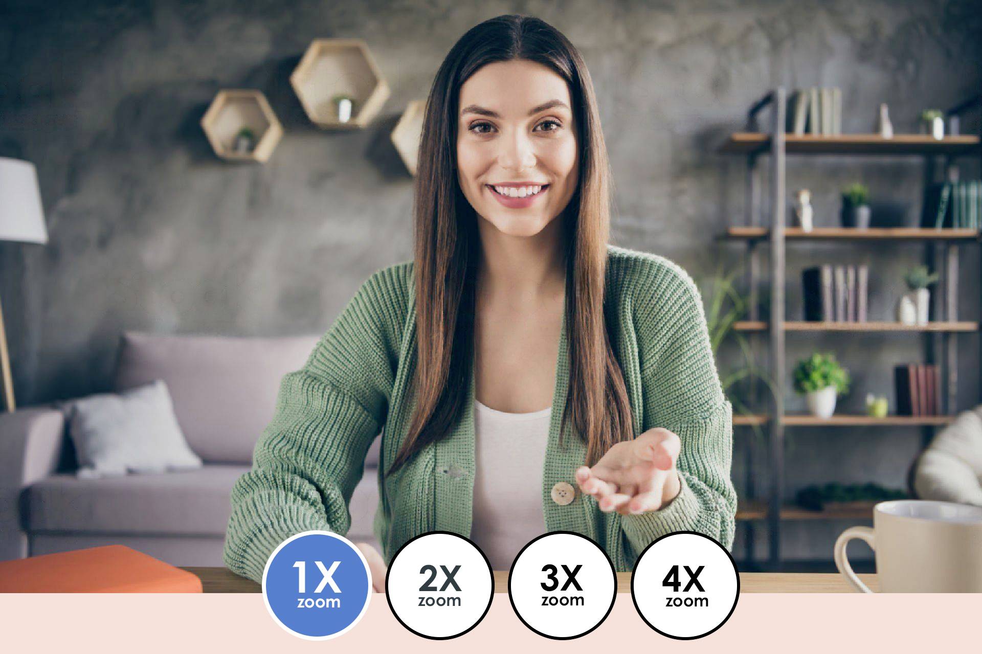 Frau in grünem Cardigan lächelnd am Schreibtisch, hält eine Hand offen. Vier Zoomoptionen am unteren Rand hervorgehoben. Wohnzimmerkulisse.