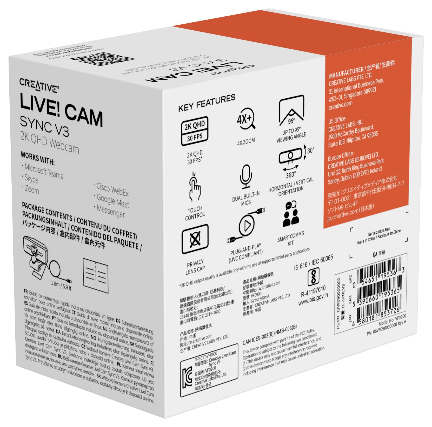 Eine Webcam-Verpackung mit der Aufschrift 'Creative Live! Cam Sync V3', zeigt Funktionen wie 2K QHD, integriertes Mikrofon und 4x Zoom.