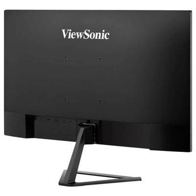 Monitor-Rückansicht mit ViewSonic-Logo. Schwarzer Ständer stabilisiert den Bildschirm. Minimalistisches Design ohne weitere Details.