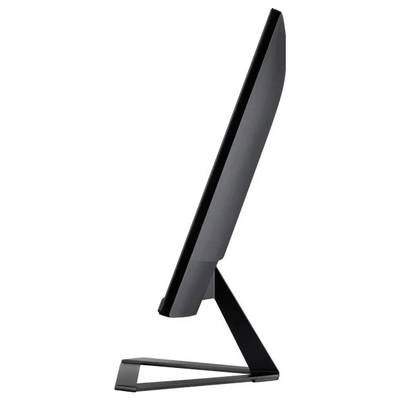 Seitenansicht eines modernen, schlanken Computermonitors mit schwarzem Rahmen und stabilem Standfuß.