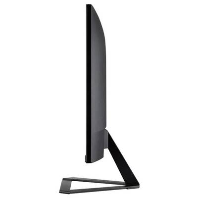 Seitenansicht eines modernen, schwarzen Computerbildschirms mit schlankem Design auf einem eleganten, schmalen Standfuß.