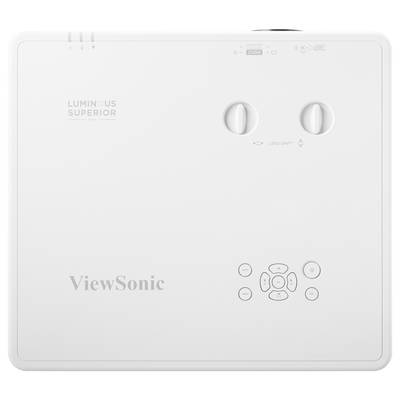 Ein weißer Projektor der Marke 'ViewSonic' mit Bedientasten und zwei Drehknöpfen auf der Oberseite für Einstellungen und Linsenverschiebung.