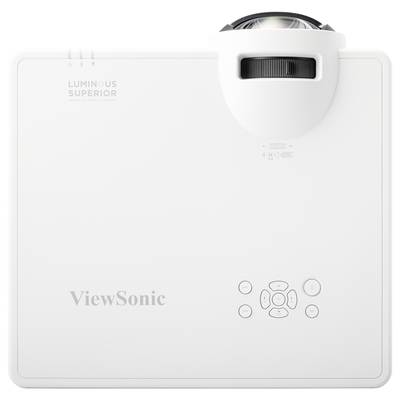Ein weißer ViewSonic-Projektor mit Tasten und einem Objektiv an der Oberseite.
