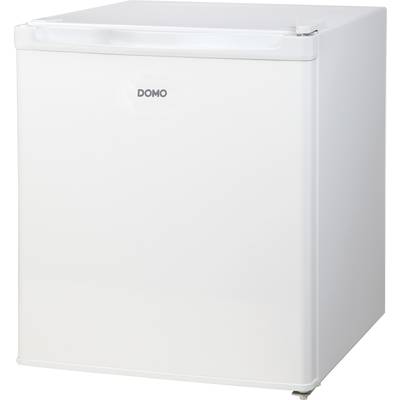 Weißer Kühlschrank der Marke DOMO, kompakte Bauweise, geeignet für kleine Räume oder Büros.