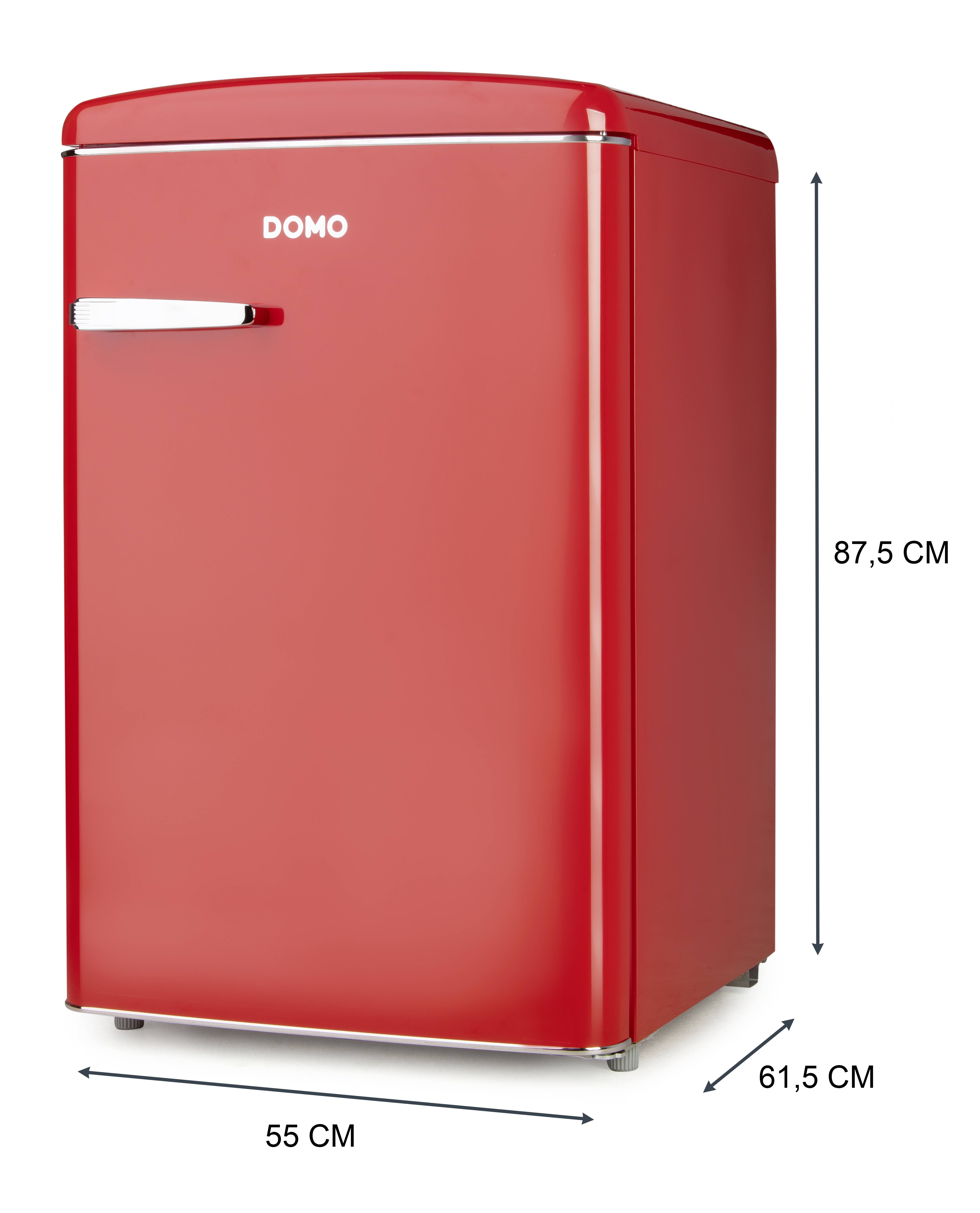 Roter Kühlschrank mit Maße: Höhe 87,5 cm, Breite 55 cm, Tiefe 61,5 cm. Marke 'Domo' auf der Vorderseite.