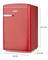 Roter Kühlschrank mit Maße: Höhe 87,5 cm, Breite 55 cm, Tiefe 61,5 cm. Marke 'Domo' auf der Vorderseite.