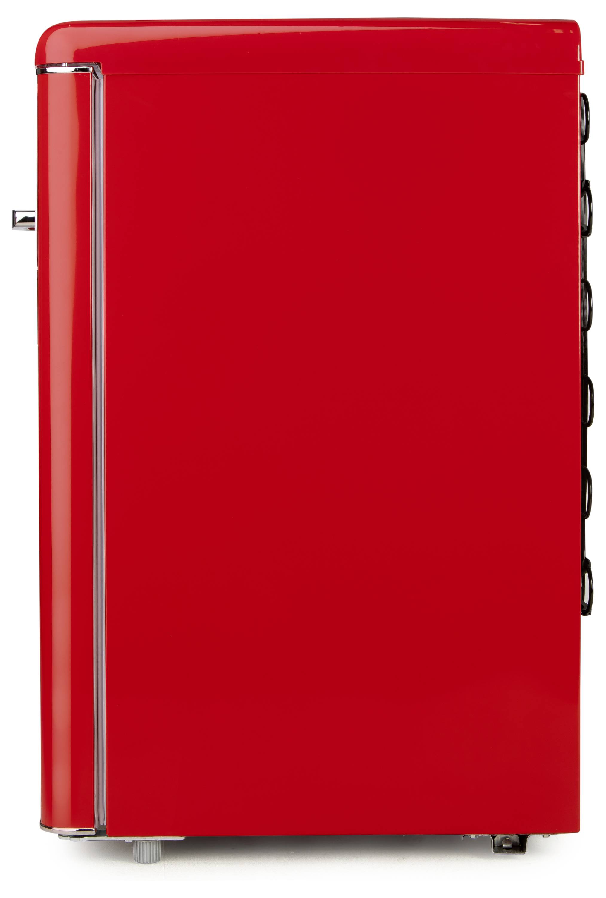 Roter Retro-Kühlschrank in seitlicher Ansicht mit glänzender Oberfläche und einfachen Linien.