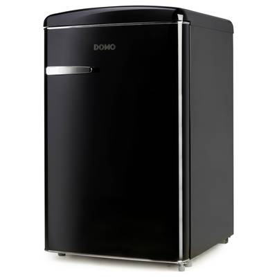 Schwarzer freistehender Minikühlschrank mit Chromgriff.